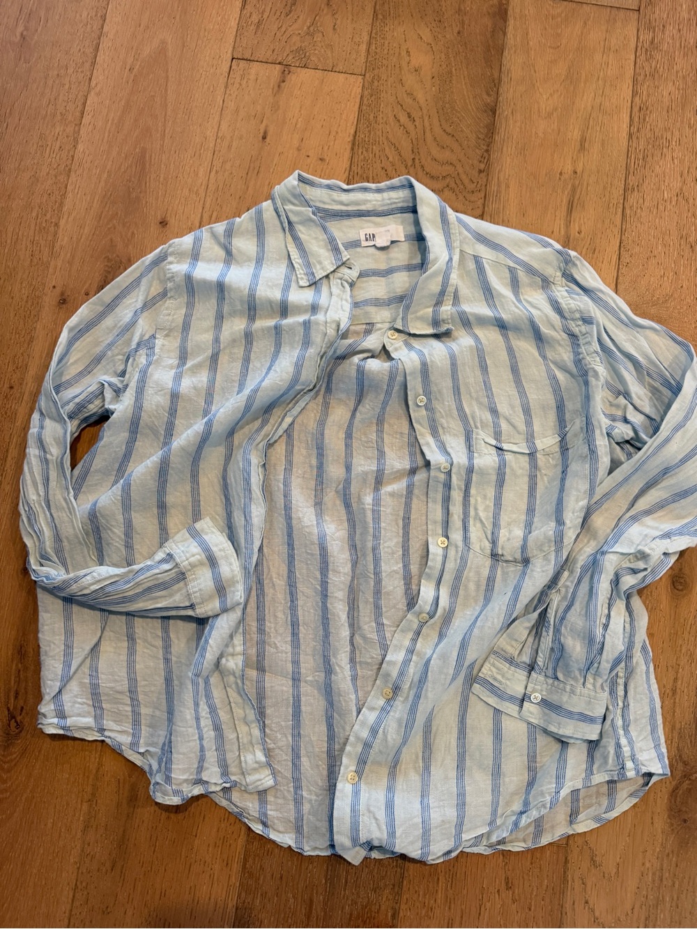 Petite Striped Linen Button-Up Shirt - Light Blue